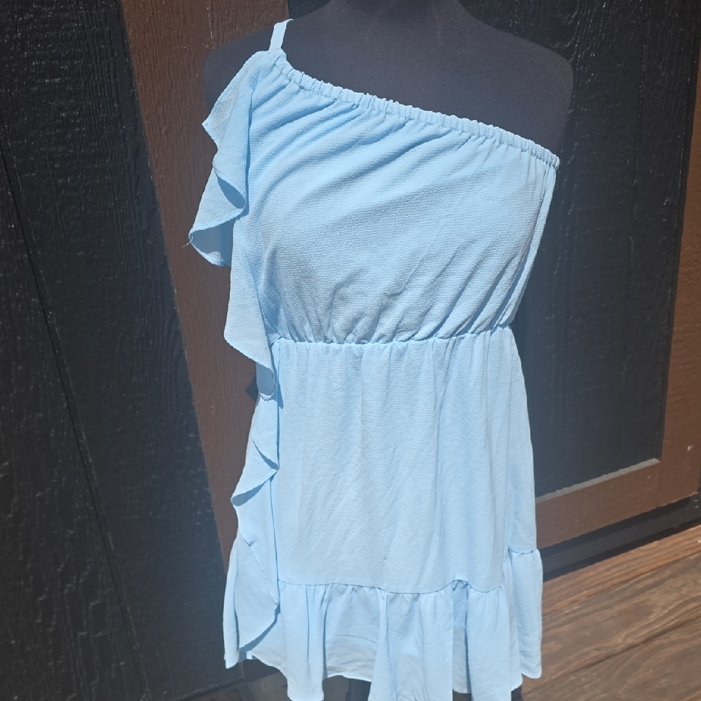 Kaari Blue One Shoulder Ruffle Dress